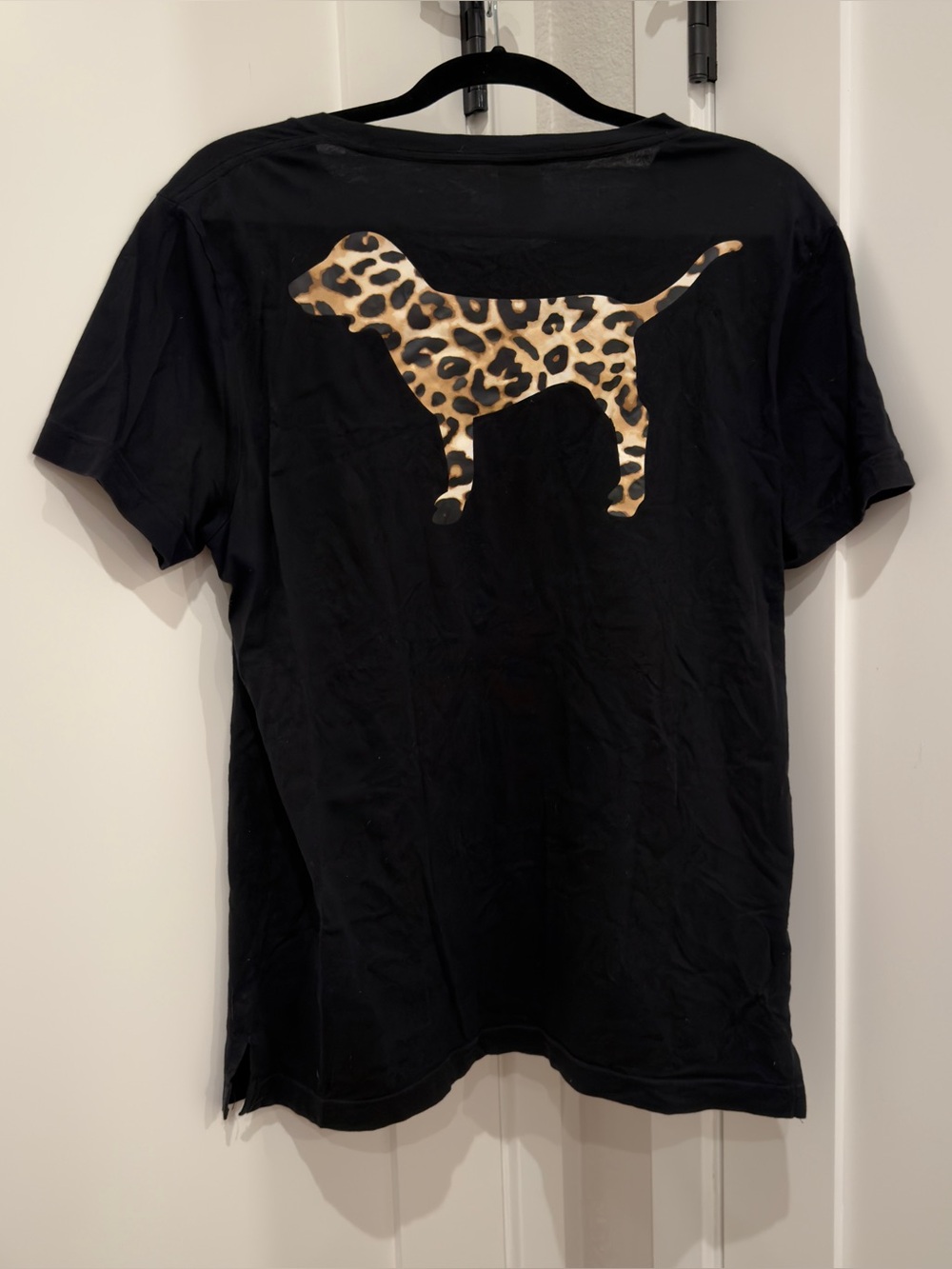 PINK Victoria’s Secret Black Tee with Leopard Print Dog Design